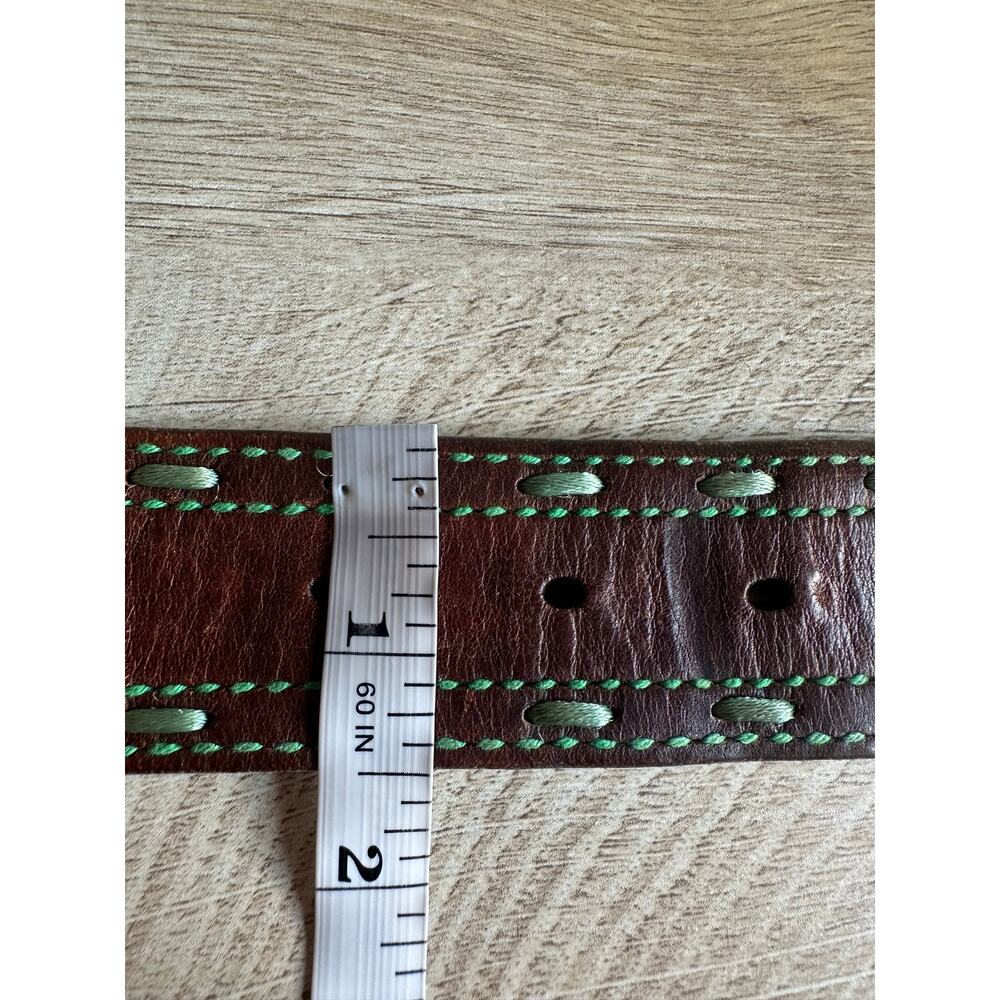 American Eagle Vintage Leather and Green Contrast Stitch Belt Brown S - Picture 10 of 11